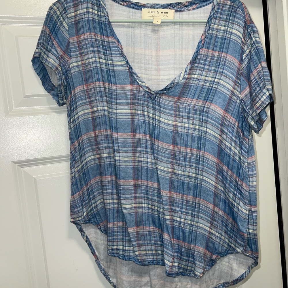 Cloth & Stone Anthropologie Blue Plaid Gingham Hi Lo Short Sleeve Top Small S